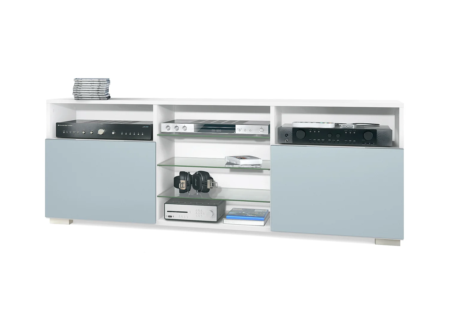 Meuble TV Granada, Lowboard avec 2 portes et 6 compartiments ouverts, corps blanc mat, façades en denim mat (146 x 54 x 35 cm)