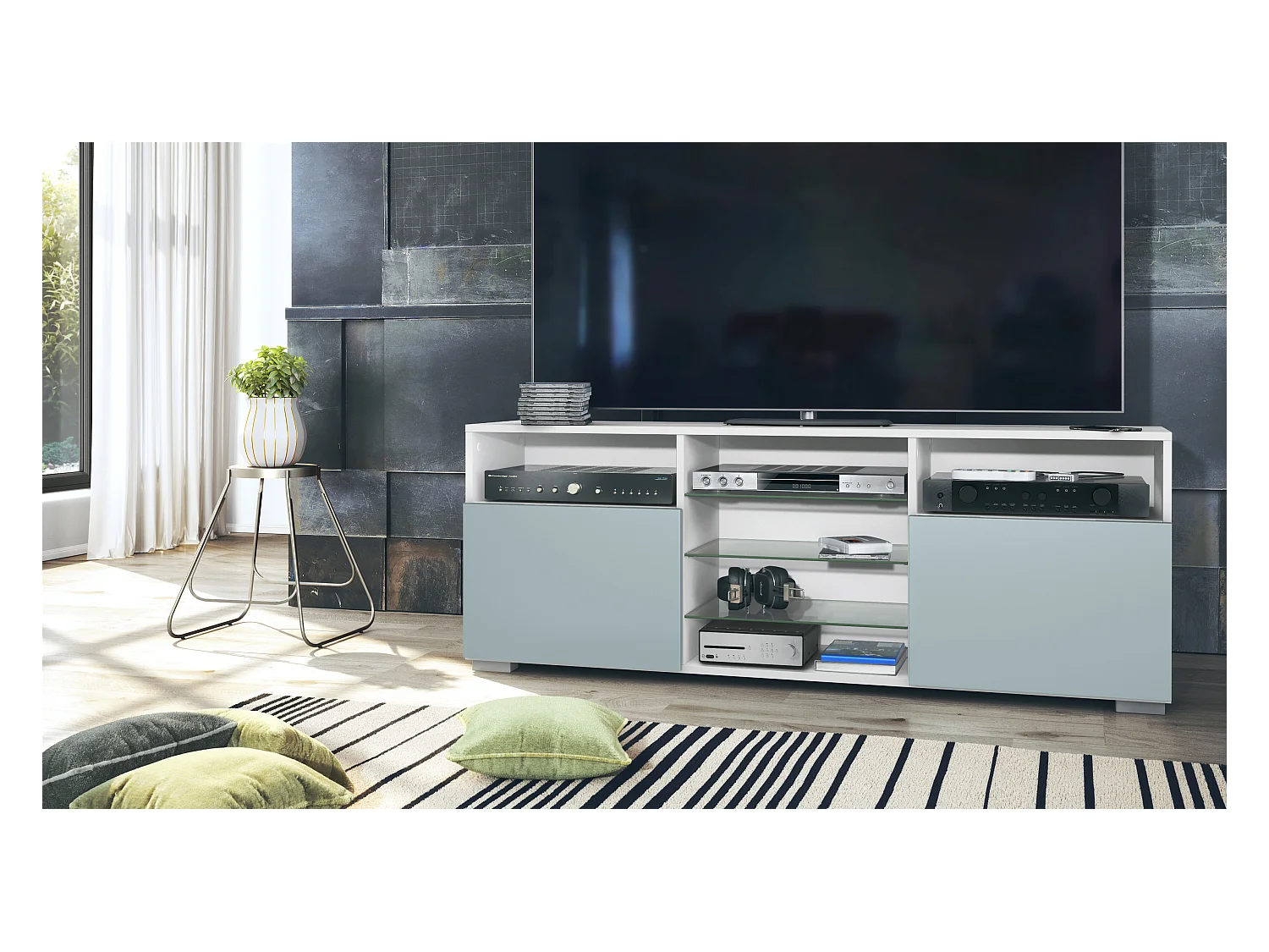 Meuble TV Granada, Lowboard avec 2 portes et 6 compartiments ouverts, corps blanc mat, façades en denim mat (146 x 54 x 35 cm)