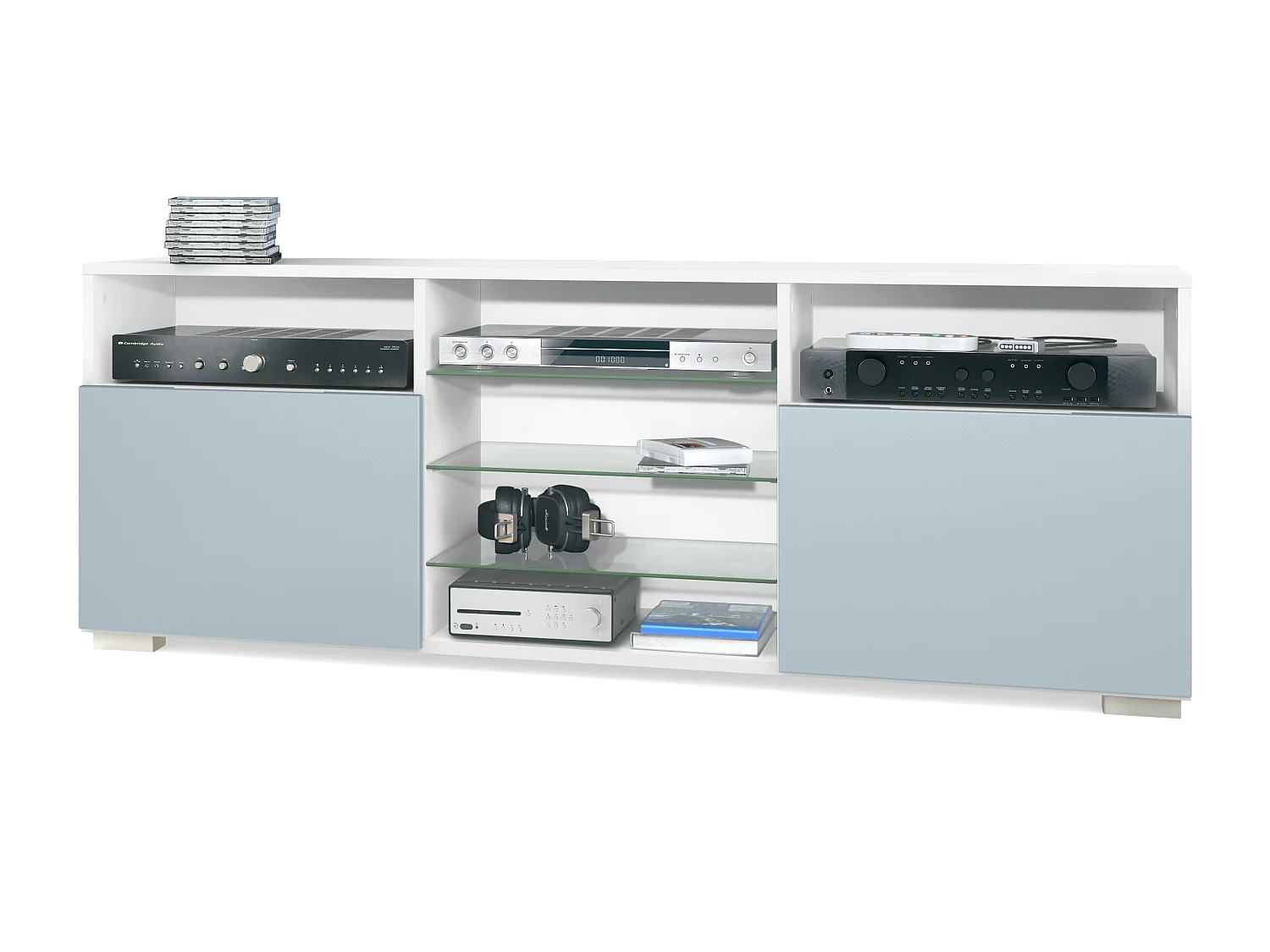 Meuble TV Granada, Lowboard avec 2 portes et 6 compartiments ouverts, corps blanc mat, façades en denim mat (146 x 54 x 35 cm)