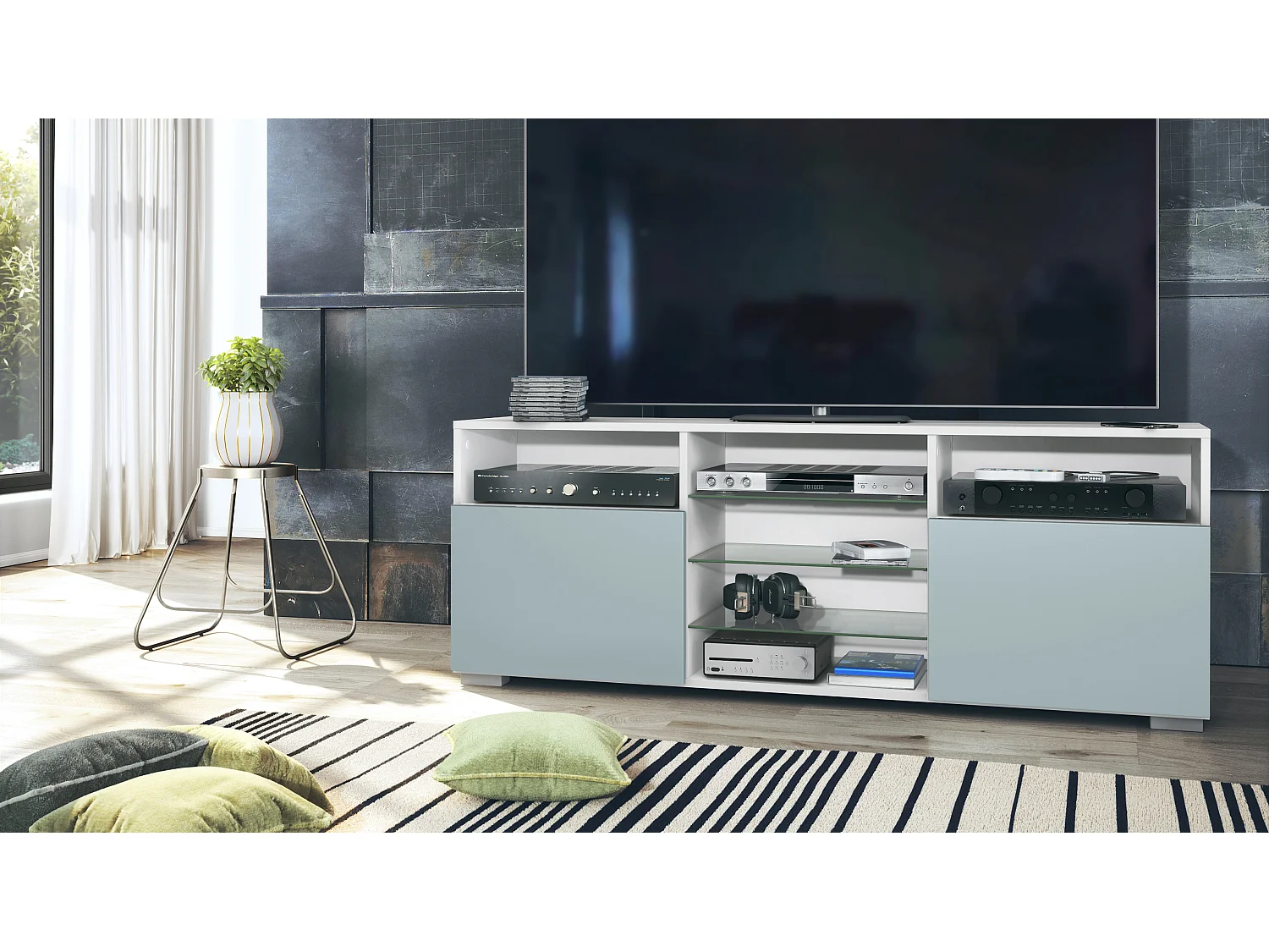 Meuble TV Granada, Lowboard avec 2 portes et 6 compartiments ouverts, corps blanc mat, façades en denim mat (146 x 54 x 35 cm)