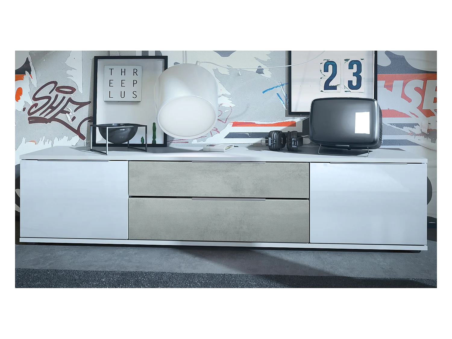 TV lowboard Linio V2, mesa TV con 2 puertas y 2 cajones - Blanco / hormigón oxidado (166,5 x 37,5 x 35 cm)