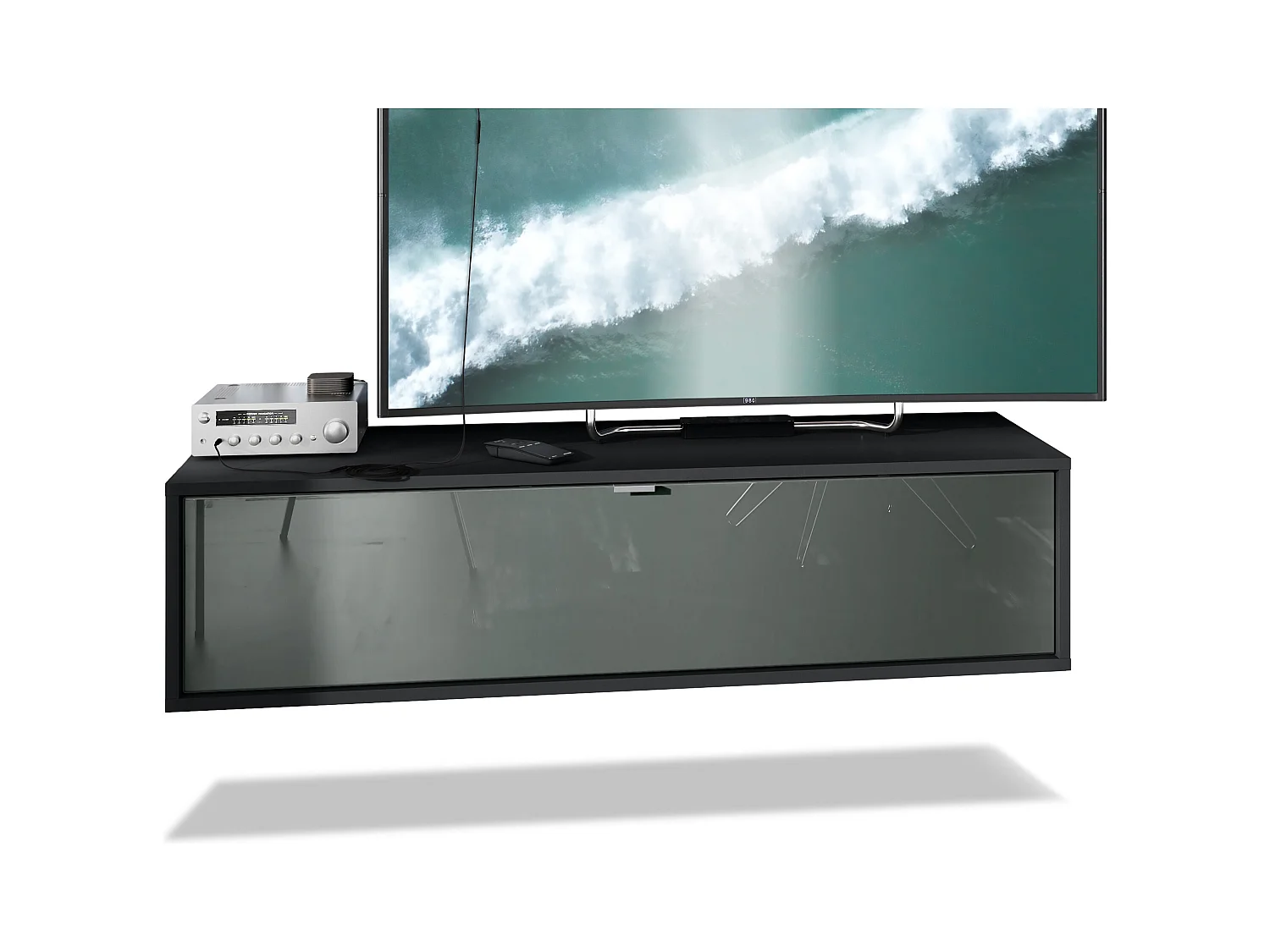 Meuble TV Lana 120 armoire murale lowboard 120 x 29 x 37 cm, caisson en Noir mat, façades en gris haute brillance | Grand choix de couleurs