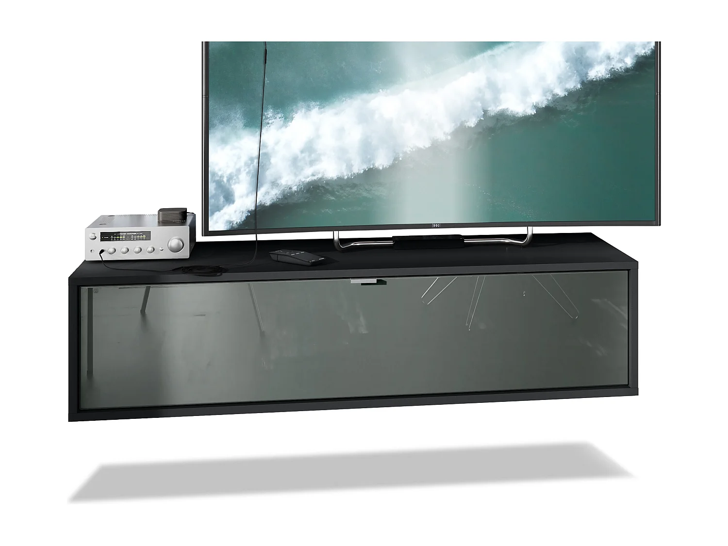 Meuble TV Lana 120 armoire murale lowboard 120 x 29 x 37 cm, caisson en Noir mat, façades en gris haute brillance | Grand choix de couleurs