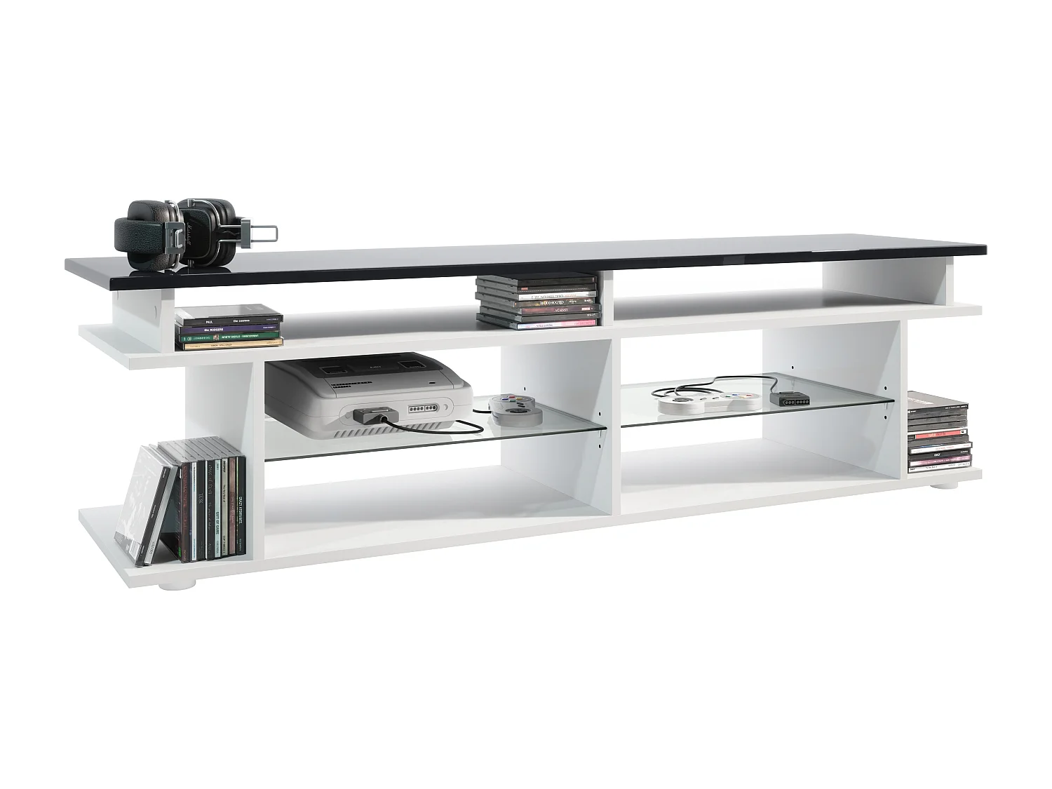 TV Board Movie V3 Game On 138,5 x 39 x 37,5 cm , carcassa in bianco opaco, supporto per monitor Game in nero lucido