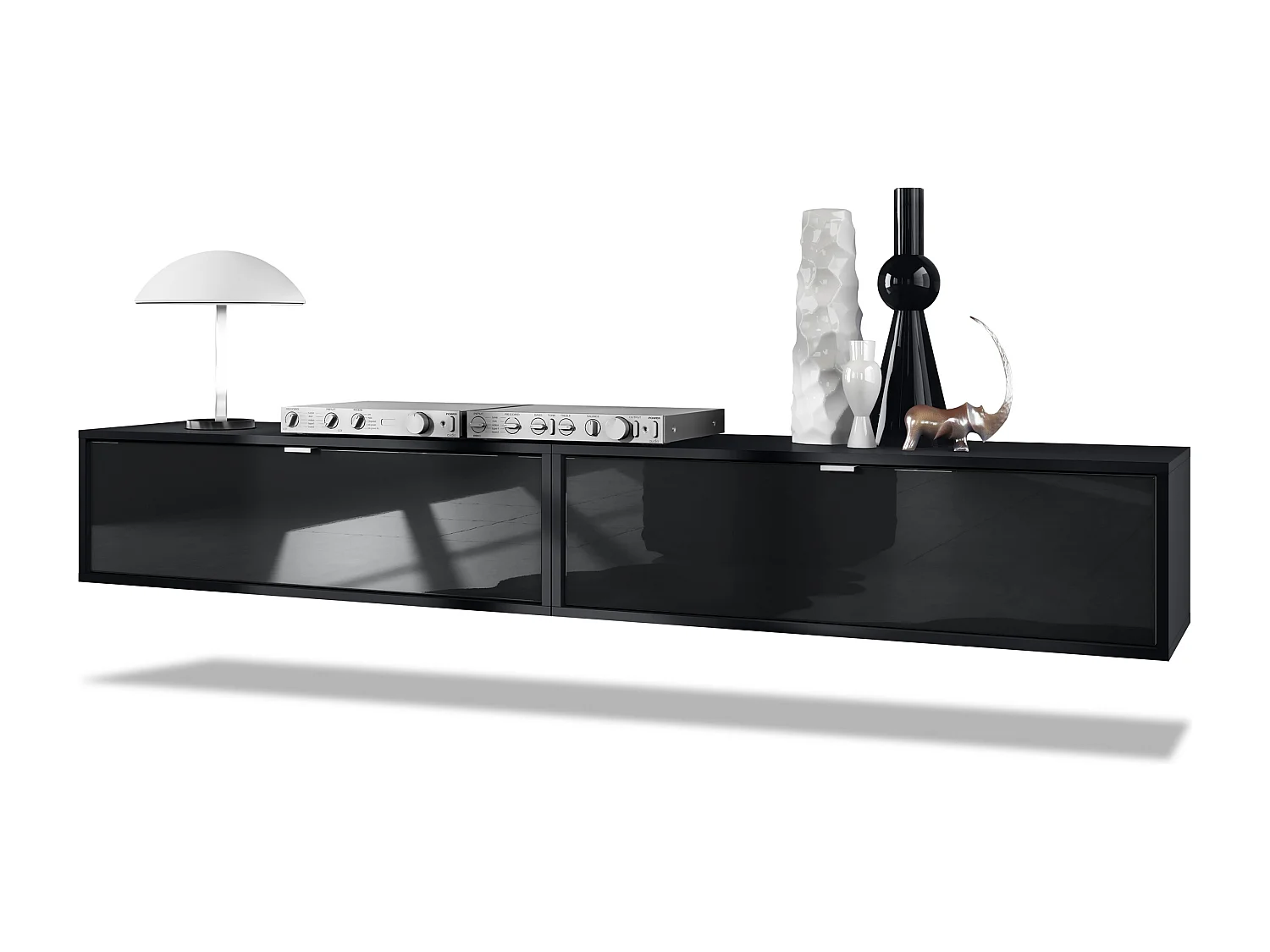 Ensemble de 2 set meuble TV Lana 100, lowboards de 100 x 29 x 37 cm chacun avec beaucoup d'espace de rangement, caisson en Noir mat, façades en Noir haute brillance