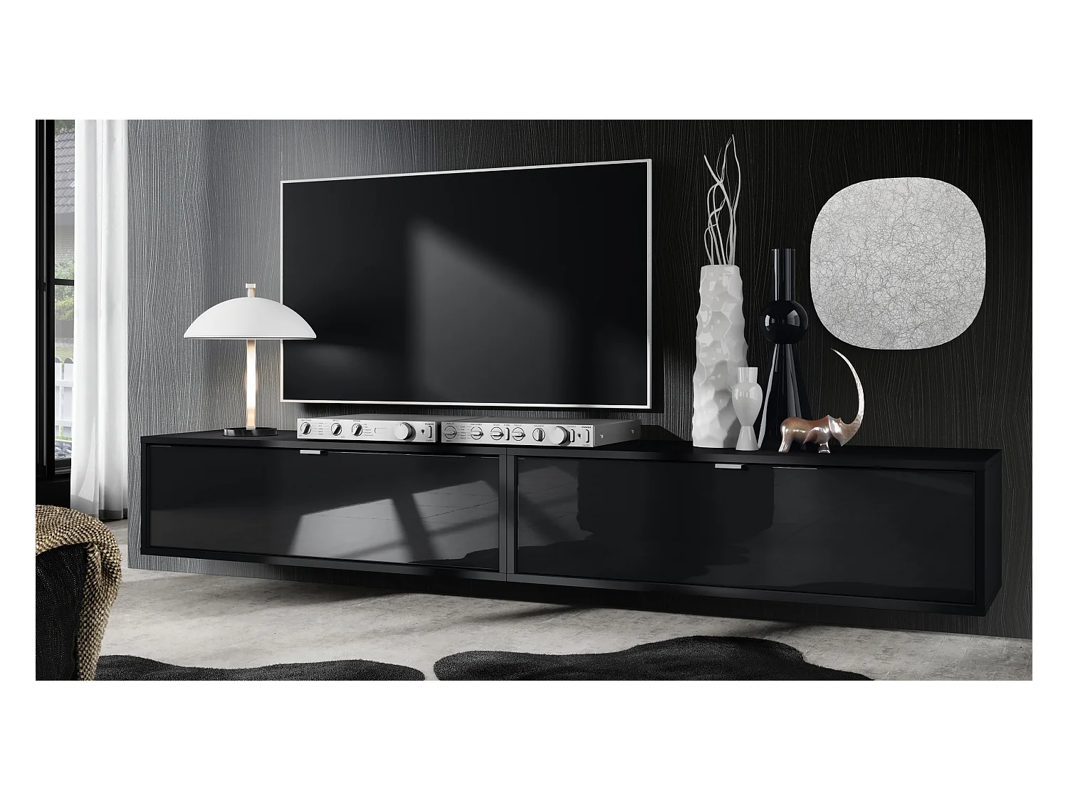 Ensemble de 2 set meuble TV Lana 100, lowboards de 100 x 29 x 37 cm chacun avec beaucoup d'espace de rangement, caisson en Noir mat, façades en Noir haute brillance