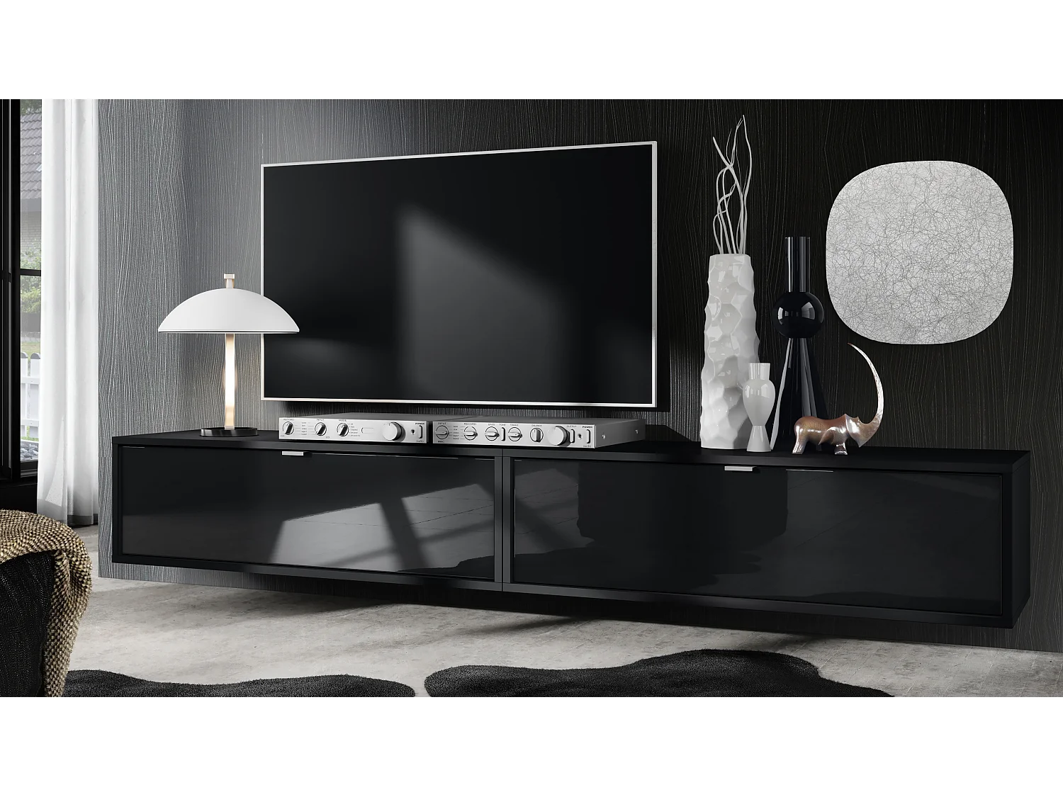 Ensemble de 2 set meuble TV Lana 100, lowboards de 100 x 29 x 37 cm chacun avec beaucoup d'espace de rangement, caisson en Noir mat, façades en Noir haute brillance