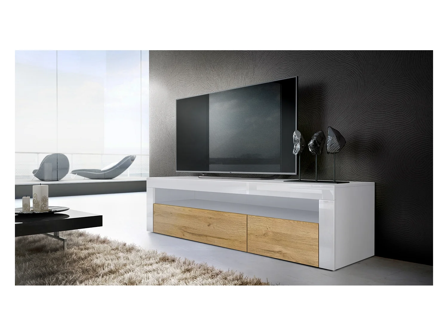 Buffet bas Valencia, Meuble TV avec 1 compartiment ouvert et 2 clapets, Blanc mat/chêne nature/blanc haute brillance (155 x 46 x 40 cm)