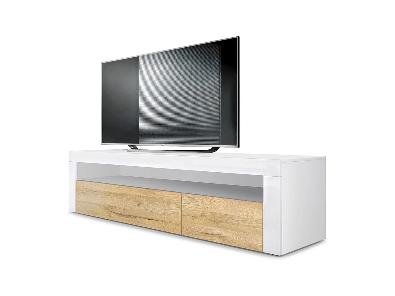 Buffet bas Valencia, Meuble TV avec 1 compartiment ouvert et 2 clapets, Blanc mat/chêne nature/blanc haute brillance (155 x 46 x 40 cm)
