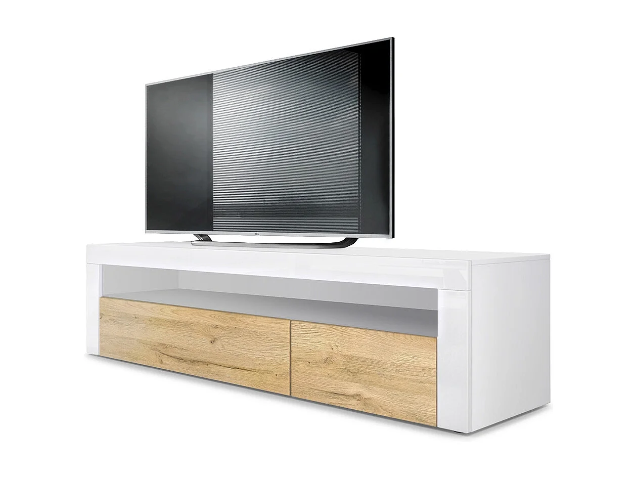 Buffet bas Valencia, Meuble TV avec 1 compartiment ouvert et 2 clapets, Blanc mat/chêne nature/blanc haute brillance (155 x 46 x 40 cm)