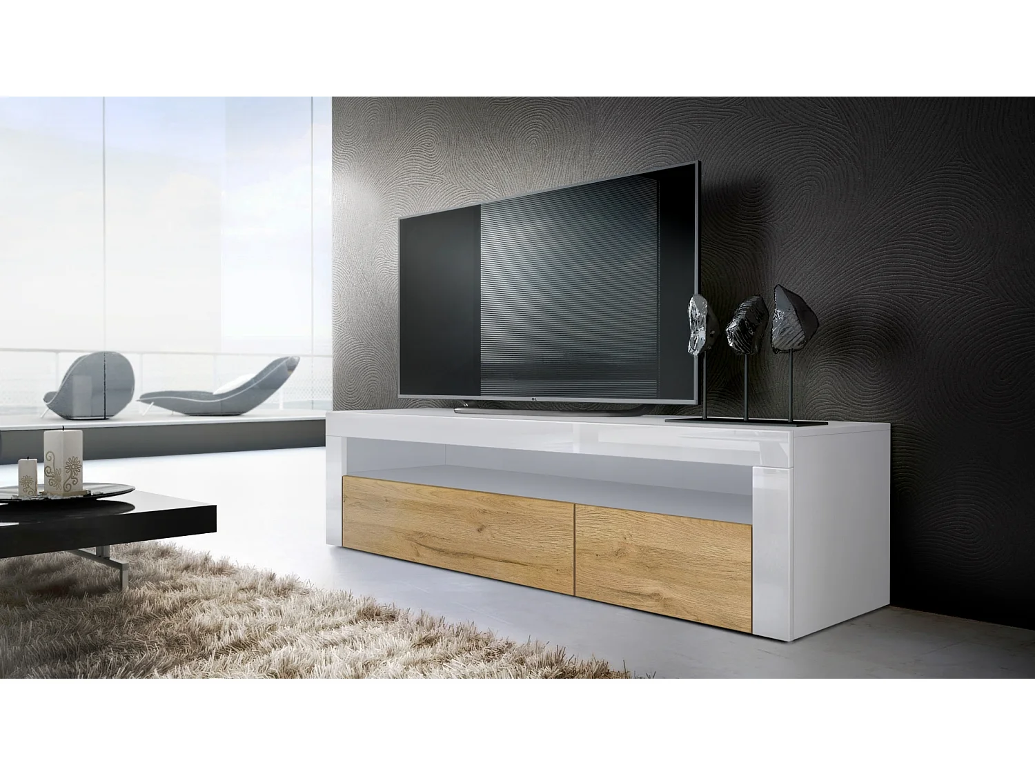 Buffet bas Valencia, Meuble TV avec 1 compartiment ouvert et 2 clapets, Blanc mat/chêne nature/blanc haute brillance (155 x 46 x 40 cm)