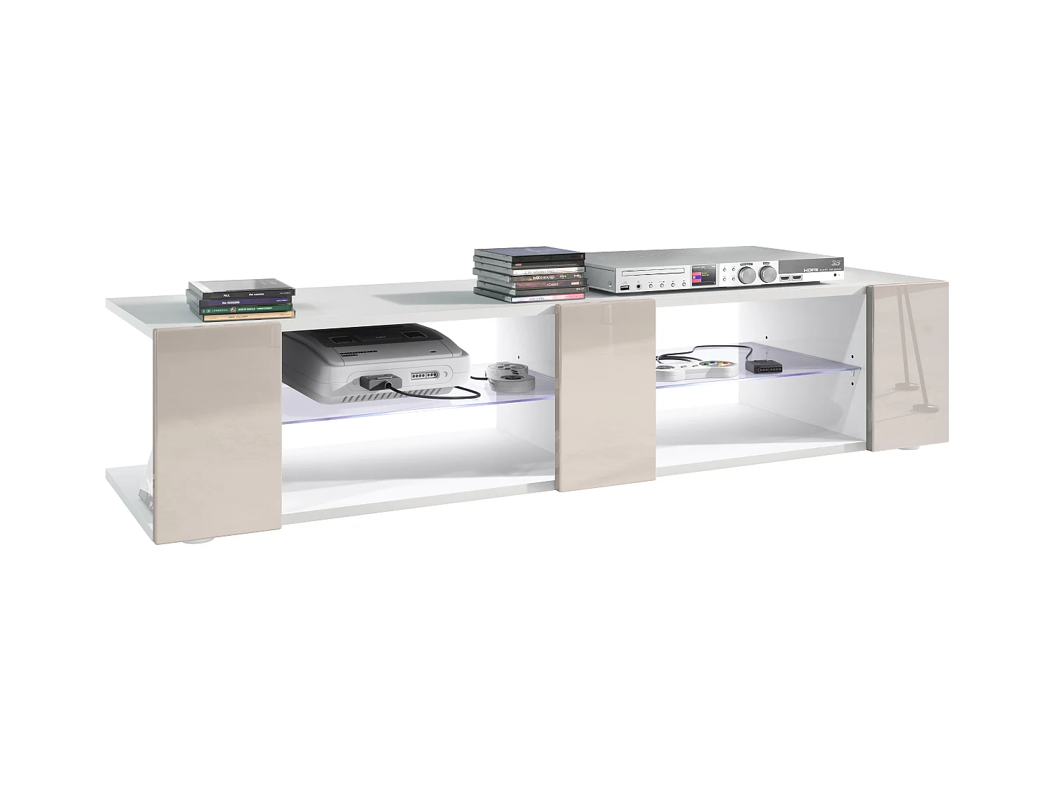 Buffet bas Movie V2, Meuble TV avec 6 compartiments ouverts et placages décoratifs, Blanc mat/Gris sable brillant, éclairage LED blanc inclus (134x29x39 cm)