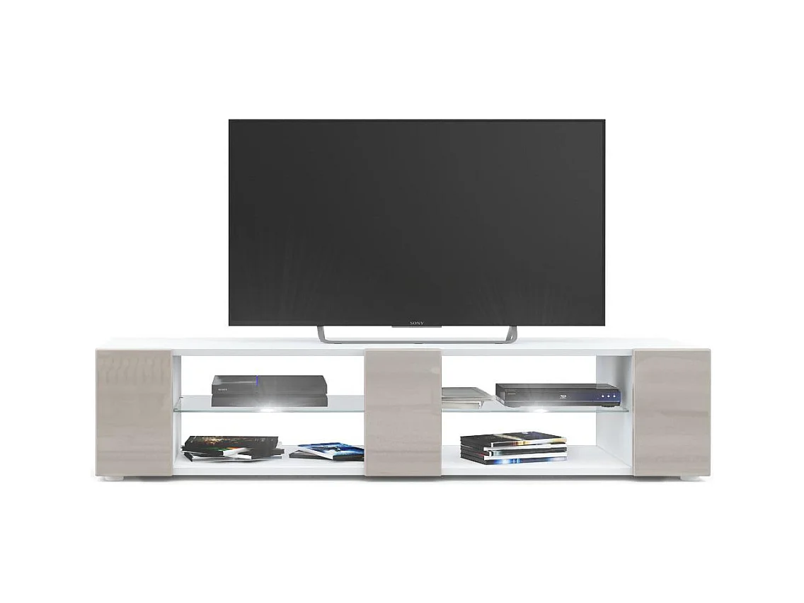 Buffet bas Movie V2, Meuble TV avec 6 compartiments ouverts et placages décoratifs, Blanc mat/Gris sable brillant, éclairage LED blanc inclus (134x29x39 cm)