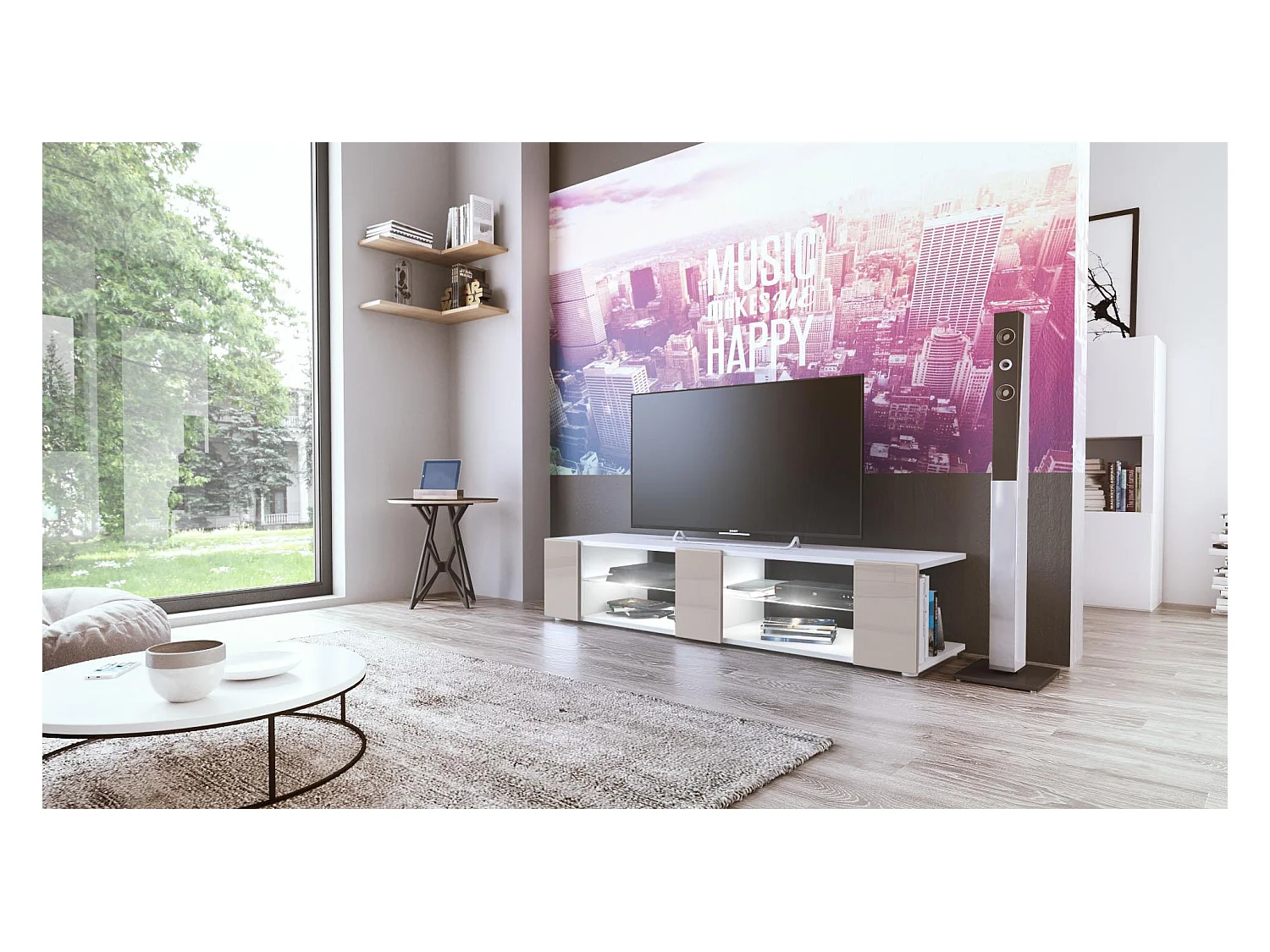 Buffet bas Movie V2, Meuble TV avec 6 compartiments ouverts et placages décoratifs, Blanc mat/Gris sable brillant, éclairage LED blanc inclus (134x29x39 cm)