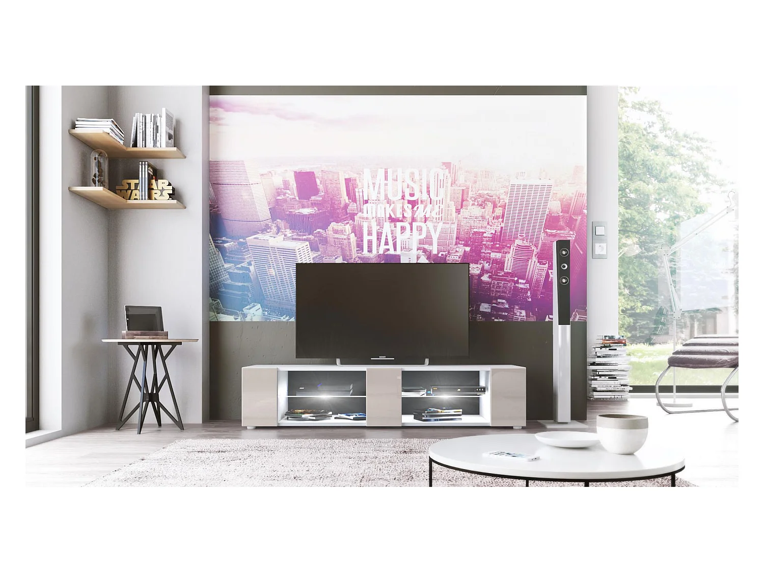 Buffet bas Movie V2, Meuble TV avec 6 compartiments ouverts et placages décoratifs, Blanc mat/Gris sable brillant, éclairage LED blanc inclus (134x29x39 cm)