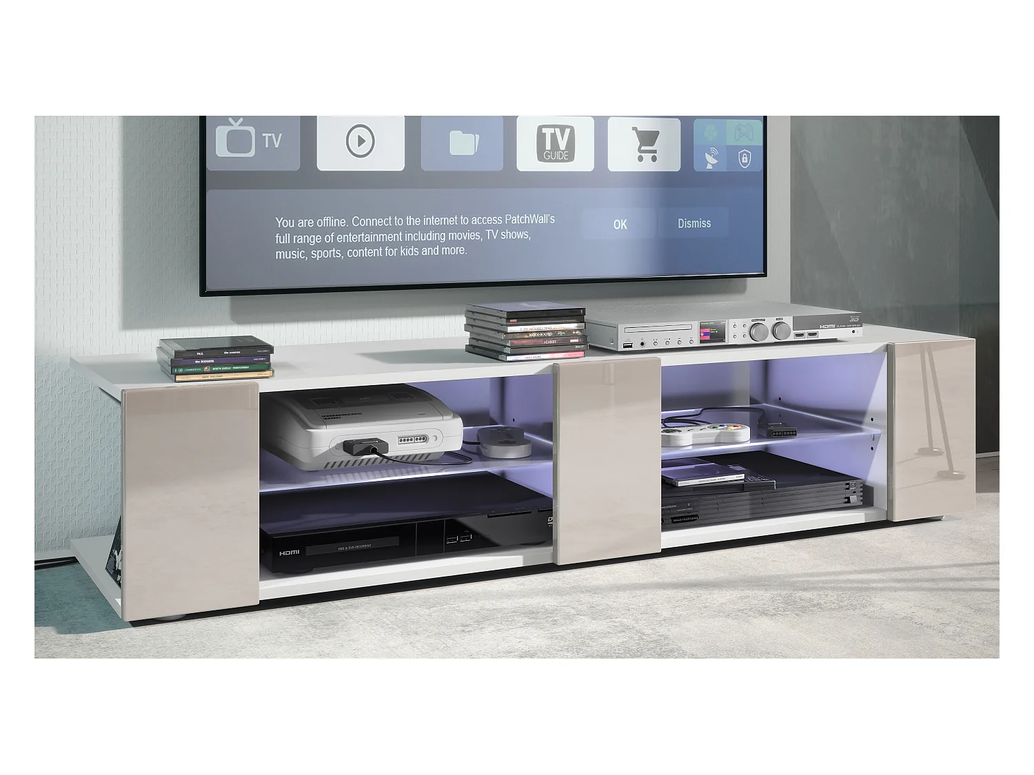 Buffet bas Movie V2, Meuble TV avec 6 compartiments ouverts et placages décoratifs, Blanc mat/Gris sable brillant, éclairage LED blanc inclus (134x29x39 cm)