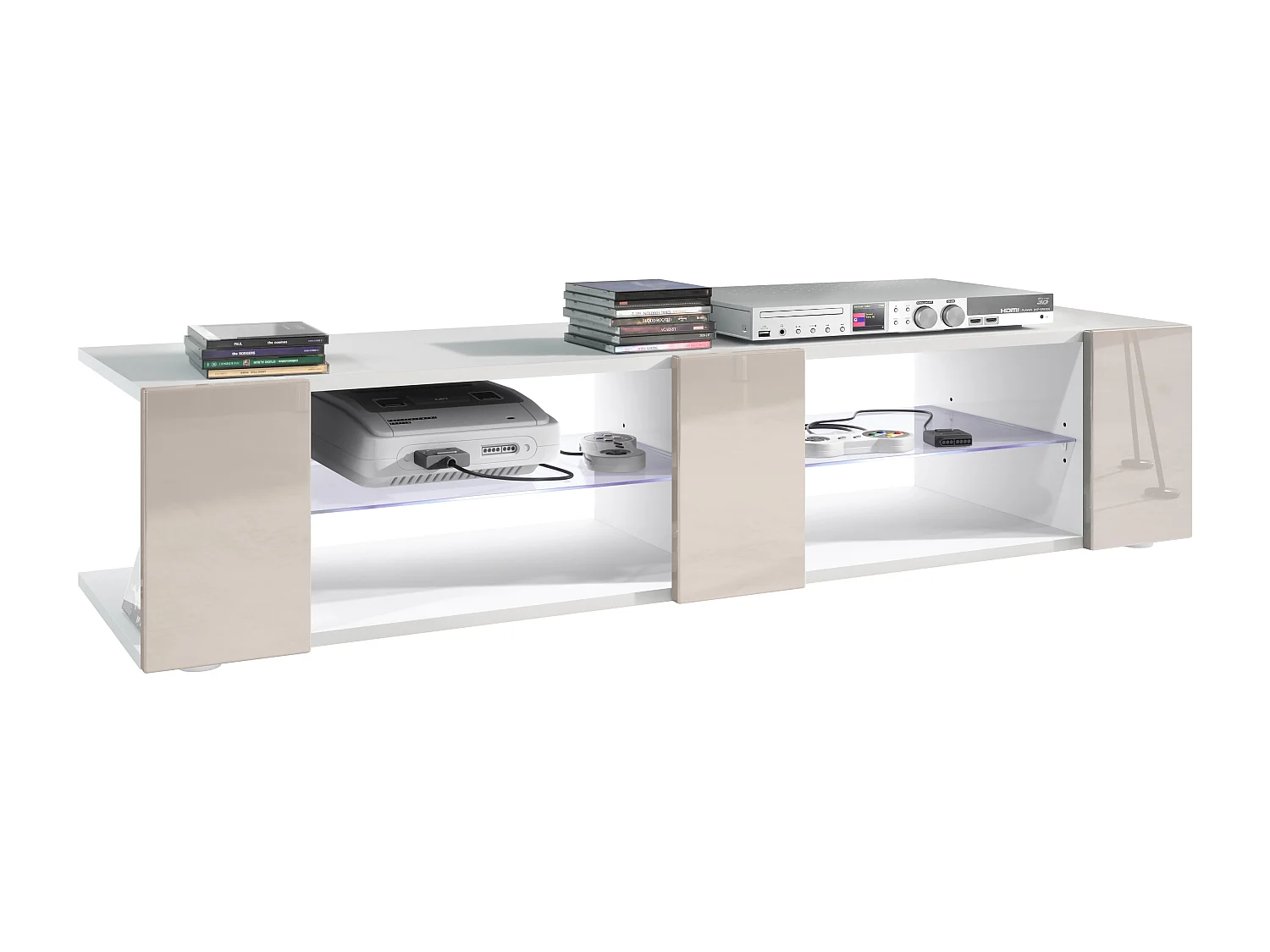 Buffet bas Movie V2, Meuble TV avec 6 compartiments ouverts et placages décoratifs, Blanc mat/Gris sable brillant, éclairage LED blanc inclus (134x29x39 cm)