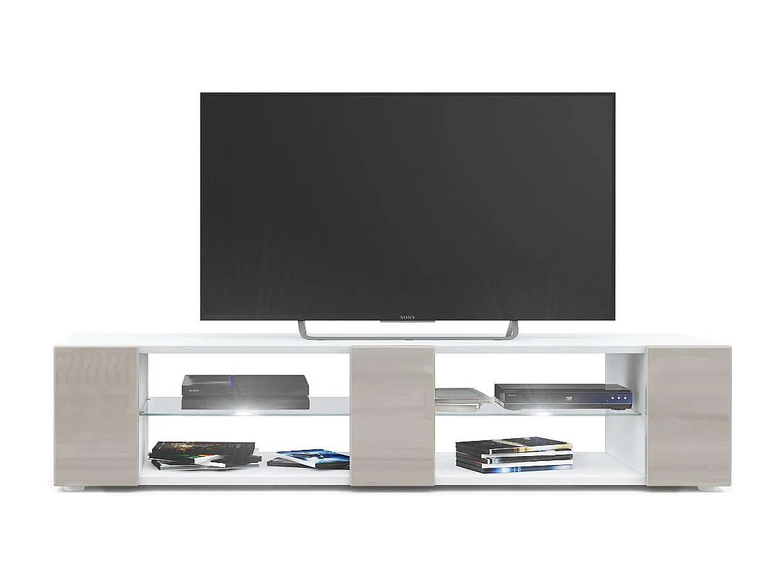 Buffet bas Movie V2, Meuble TV avec 6 compartiments ouverts et placages décoratifs, Blanc mat/Gris sable brillant, éclairage LED blanc inclus (134x29x39 cm)