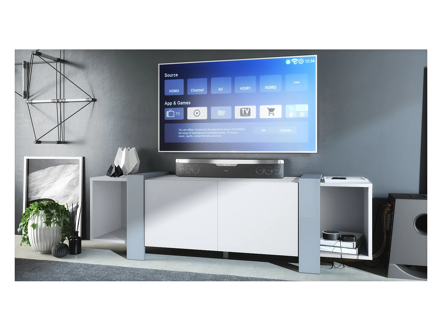 Lowboard Ida 149 x 45,5 x 34 cm Buffet TV avec 4 compartiments et portes PTO, caisson en blanc mat, façades en Denim mat | Grand choix de couleurs