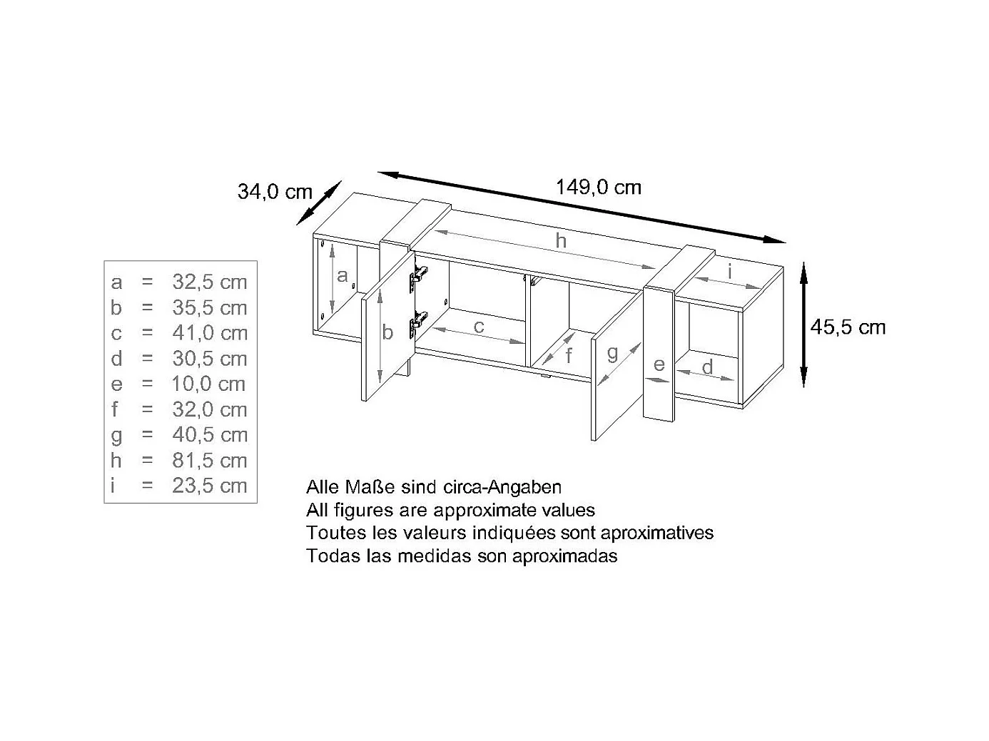 Lowboard Ida 149 x 45,5 x 34 cm Buffet TV avec 4 compartiments et portes PTO, caisson en blanc mat, façades en Denim mat | Grand choix de couleurs