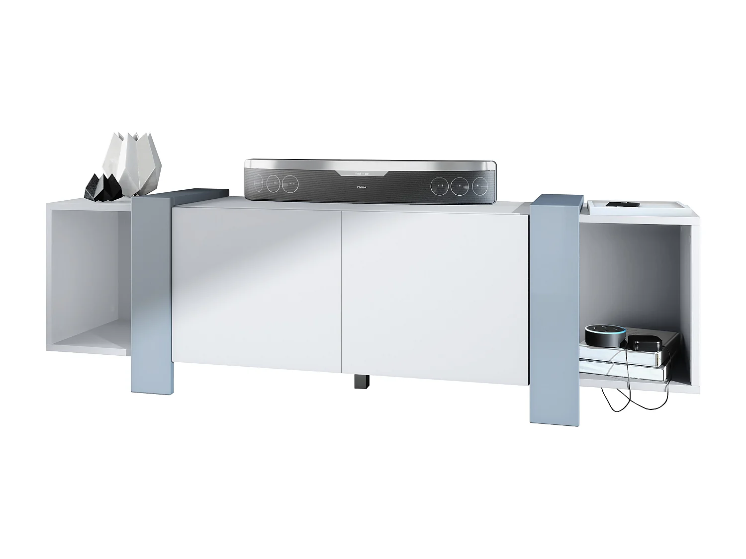 Lowboard Ida 149 x 45,5 x 34 cm Buffet TV avec 4 compartiments et portes PTO, caisson en blanc mat, façades en Denim mat | Grand choix de couleurs