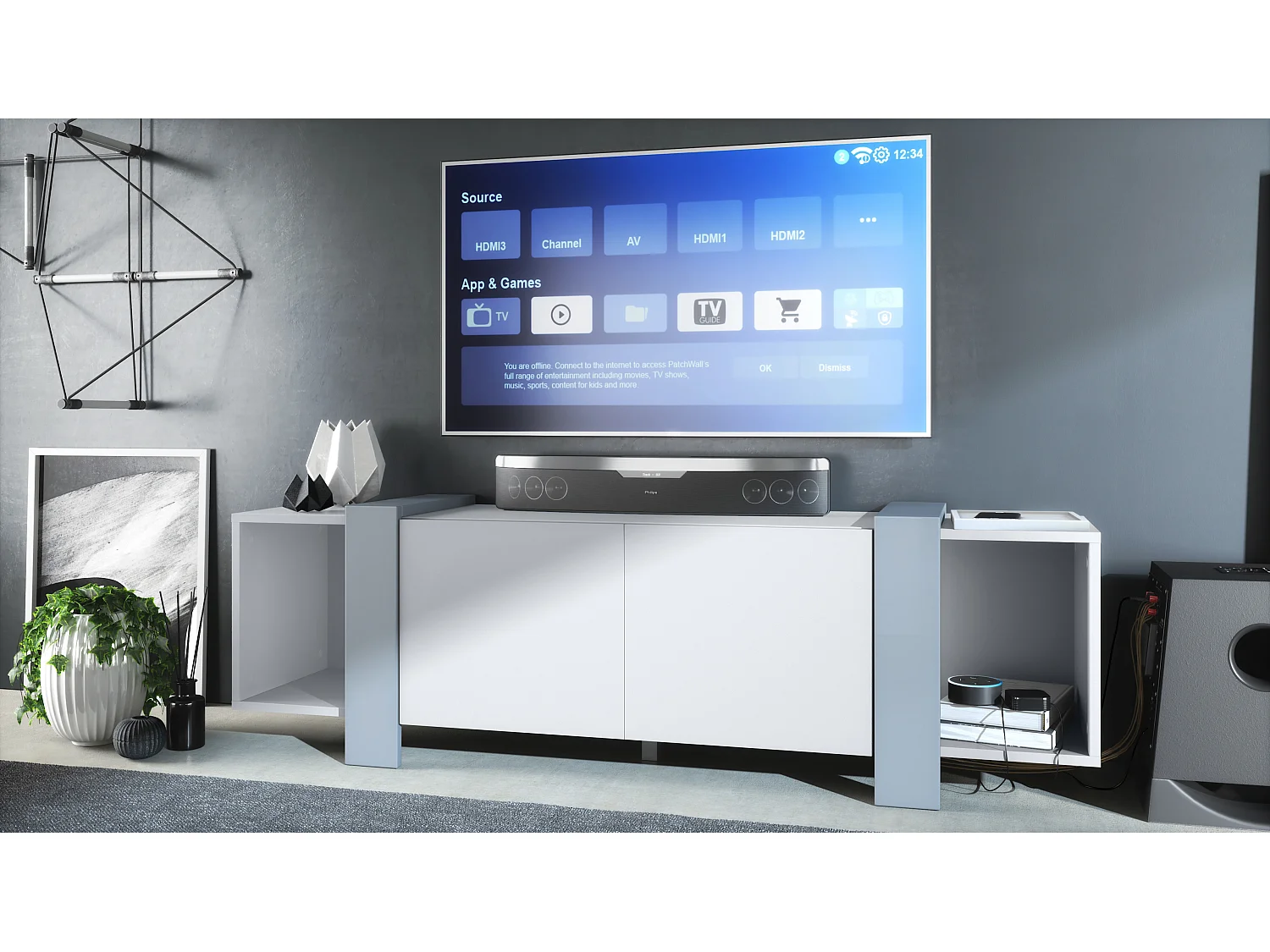 Lowboard Ida 149 x 45,5 x 34 cm Buffet TV avec 4 compartiments et portes PTO, caisson en blanc mat, façades en Denim mat | Grand choix de couleurs