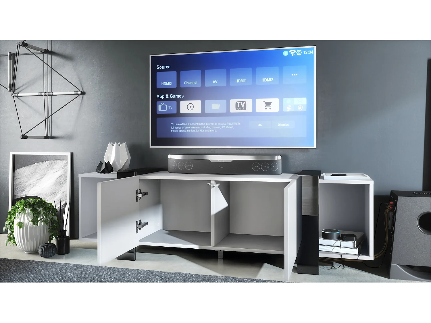 Lowboard Ida 149 x 45,5 x 34 cm Buffet TV avec 4 compartiments et portes PTO, caisson en blanc mat, façades en Denim mat | Grand choix de couleurs