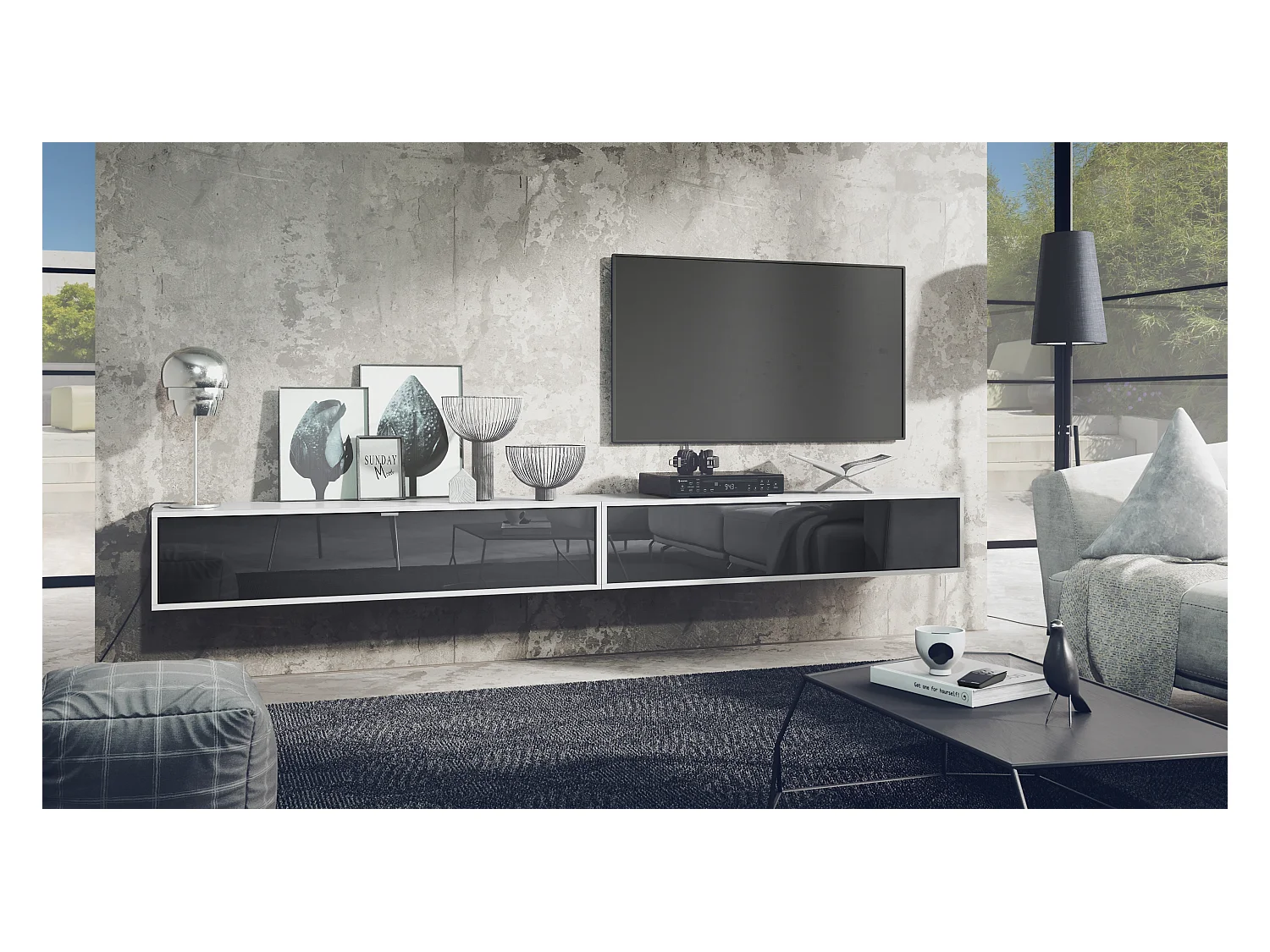 Ensemble de 2 set meuble TV Lana 140, lowboards de 140x29x37 cm chacun avec beaucoup d'espace de rangement, caisson en Blanc mat, façades en Noir brillant