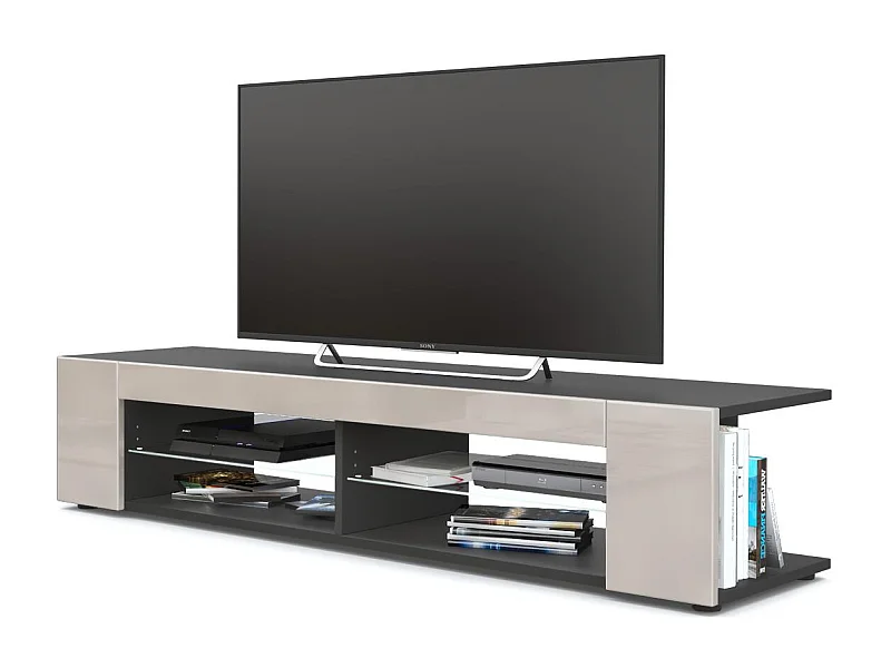 Movie Lowboard, mobile TV con 4 scomparti e pannelli aperti, nero opaco/grigio sabbia (134 x 29 x 39 cm)