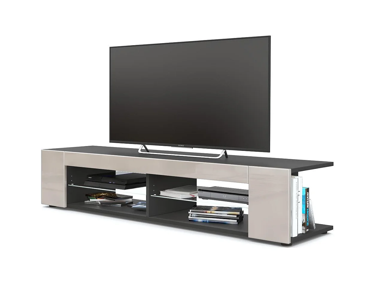 Buffet bas Movie, Meuble TV avec 4 compartiments ouverts et placages décoratifs, Noir mat/Gris sable haute brillance (134 x 29 x 39 cm)