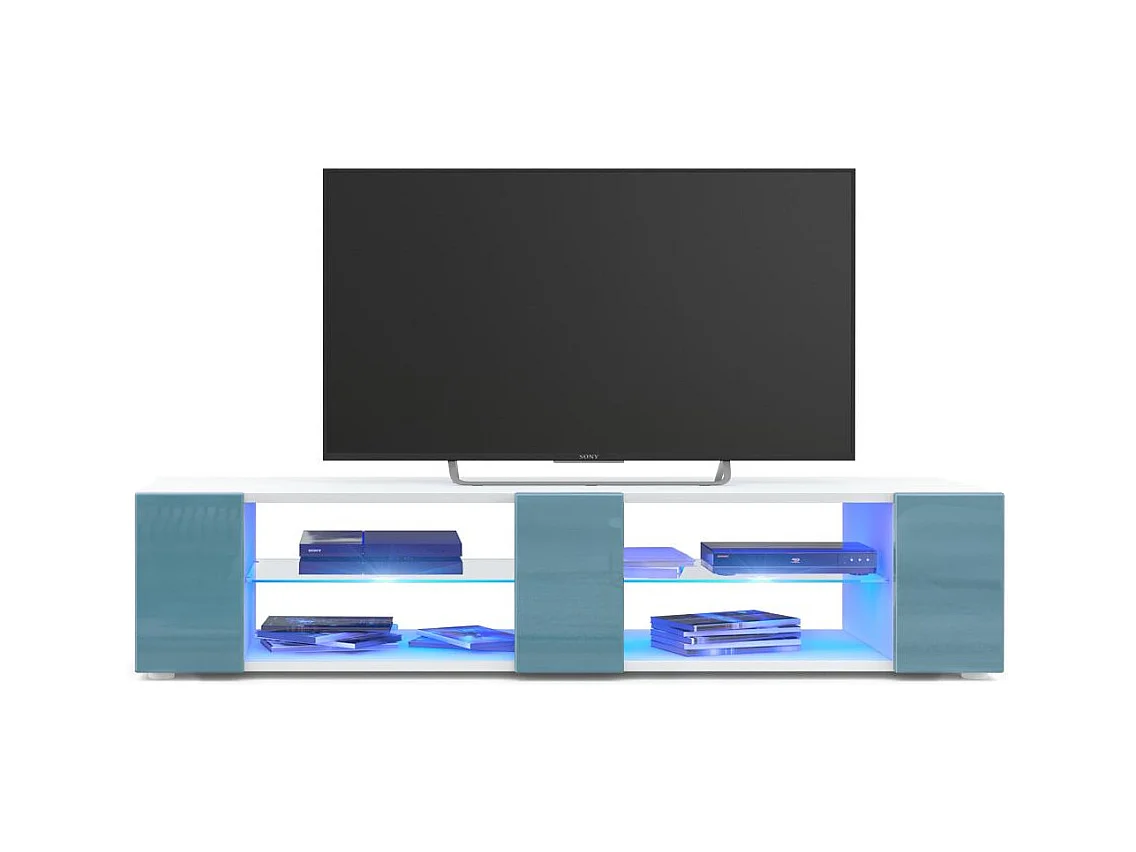 Buffet bas Movie V2, Meuble TV avec 6 compartiments ouverts et placages décoratifs, Blanc mat/Turquoise brillant, éclairage LED bleu inclus (134 x 29 x 39 cm)