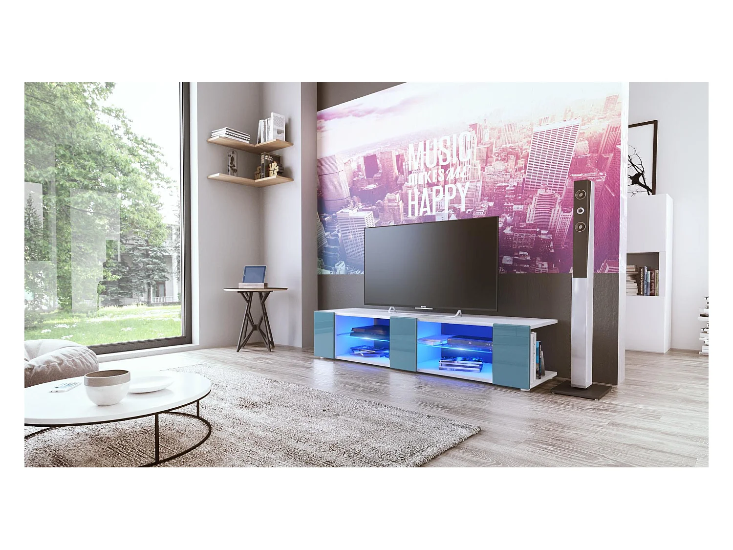Buffet bas Movie V2, Meuble TV avec 6 compartiments ouverts et placages décoratifs, Blanc mat/Turquoise brillant, éclairage LED bleu inclus (134 x 29 x 39 cm)
