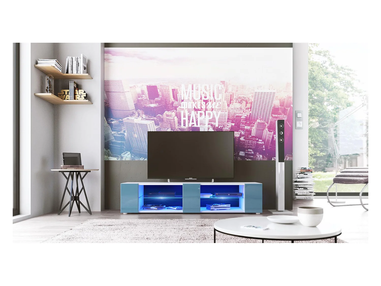 Buffet bas Movie V2, Meuble TV avec 6 compartiments ouverts et placages décoratifs, Blanc mat/Turquoise brillant, éclairage LED bleu inclus (134 x 29 x 39 cm)