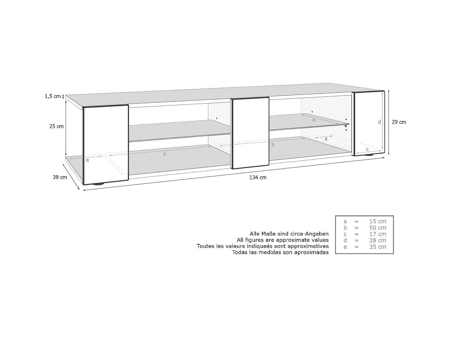 Buffet bas Movie V2, Meuble TV avec 6 compartiments ouverts et placages décoratifs, Blanc mat/Turquoise brillant, éclairage LED bleu inclus (134 x 29 x 39 cm)