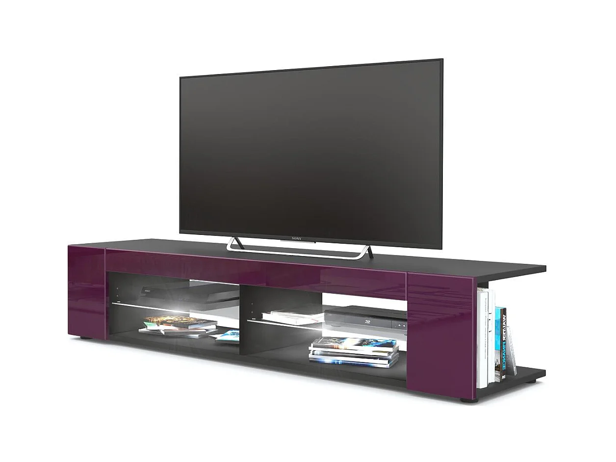 Buffet bas Movie, Meuble TV avec 4 compartiments ouverts et placages décoratifs, Noir mat/Mûre haute brillance, éclairage LED blanc inclus (134 x 29 x 39 cm)