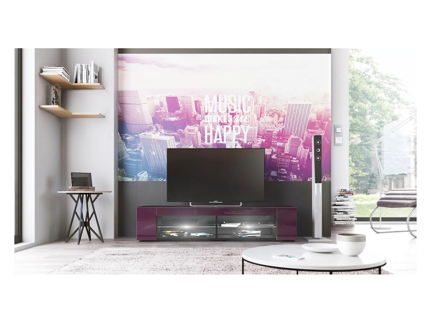 Buffet bas Movie, Meuble TV avec 4 compartiments ouverts et placages décoratifs, Noir mat/Mûre haute brillance, éclairage LED blanc inclus (134 x 29 x 39 cm)