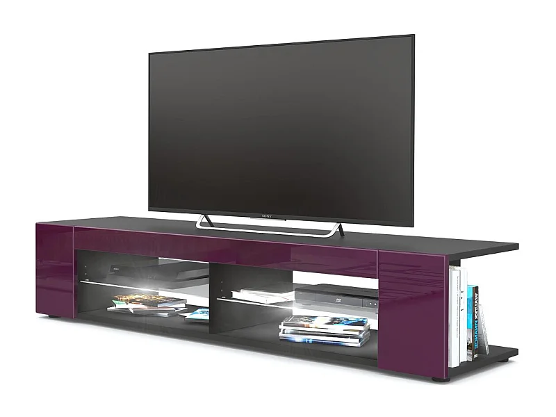 Buffet bas Movie, Meuble TV avec 4 compartiments ouverts et placages décoratifs, Noir mat/Mûre haute brillance, éclairage LED blanc inclus (134 x 29 x 39 cm)