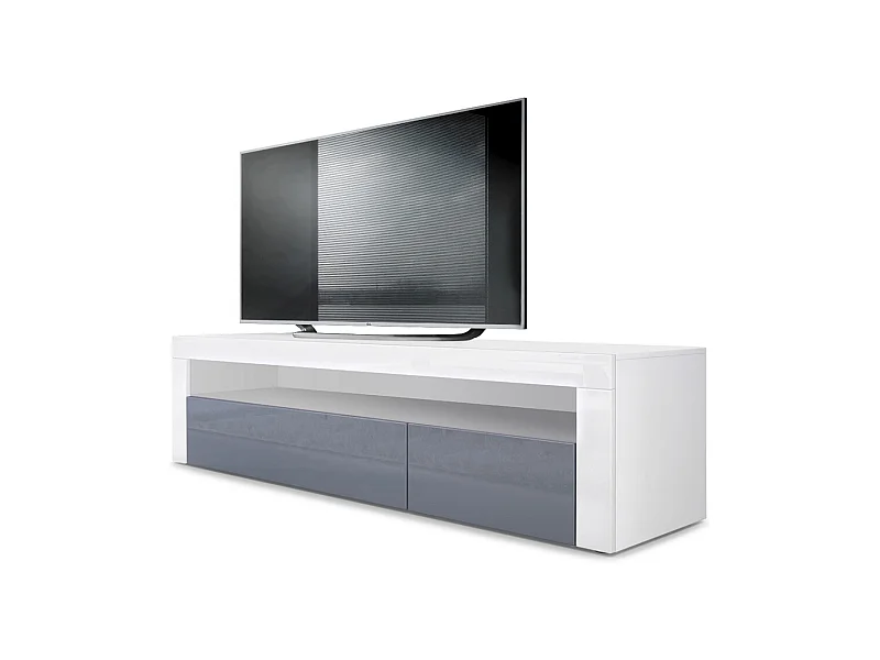 Buffet bas Valencia, Meuble TV avec 1 compartiment ouvert et 2 clapets, Blanc mat/gris haute brillance/blanc haute brillance (155 x 46 x 40 cm)