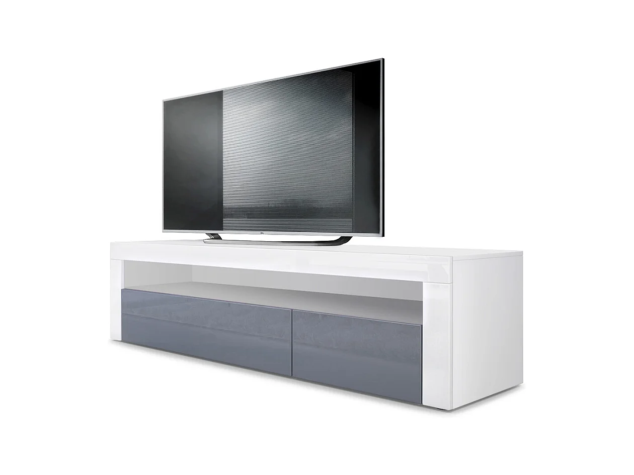 Buffet bas Valencia, Meuble TV avec 1 compartiment ouvert et 2 clapets, Blanc mat/gris haute brillance/blanc haute brillance (155 x 46 x 40 cm)