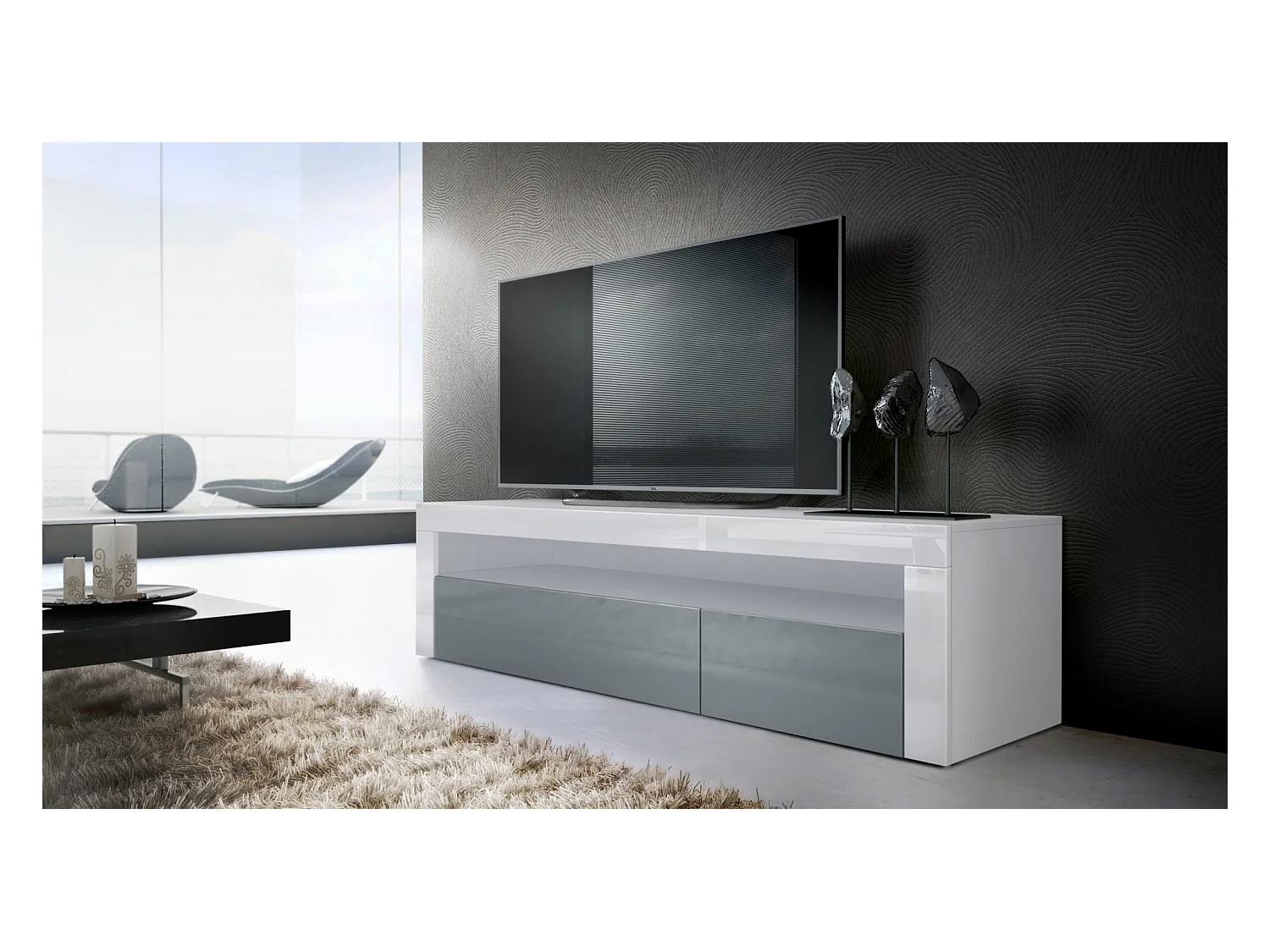 Buffet bas Valencia, Meuble TV avec 1 compartiment ouvert et 2 clapets, Blanc mat/gris haute brillance/blanc haute brillance (155 x 46 x 40 cm)
