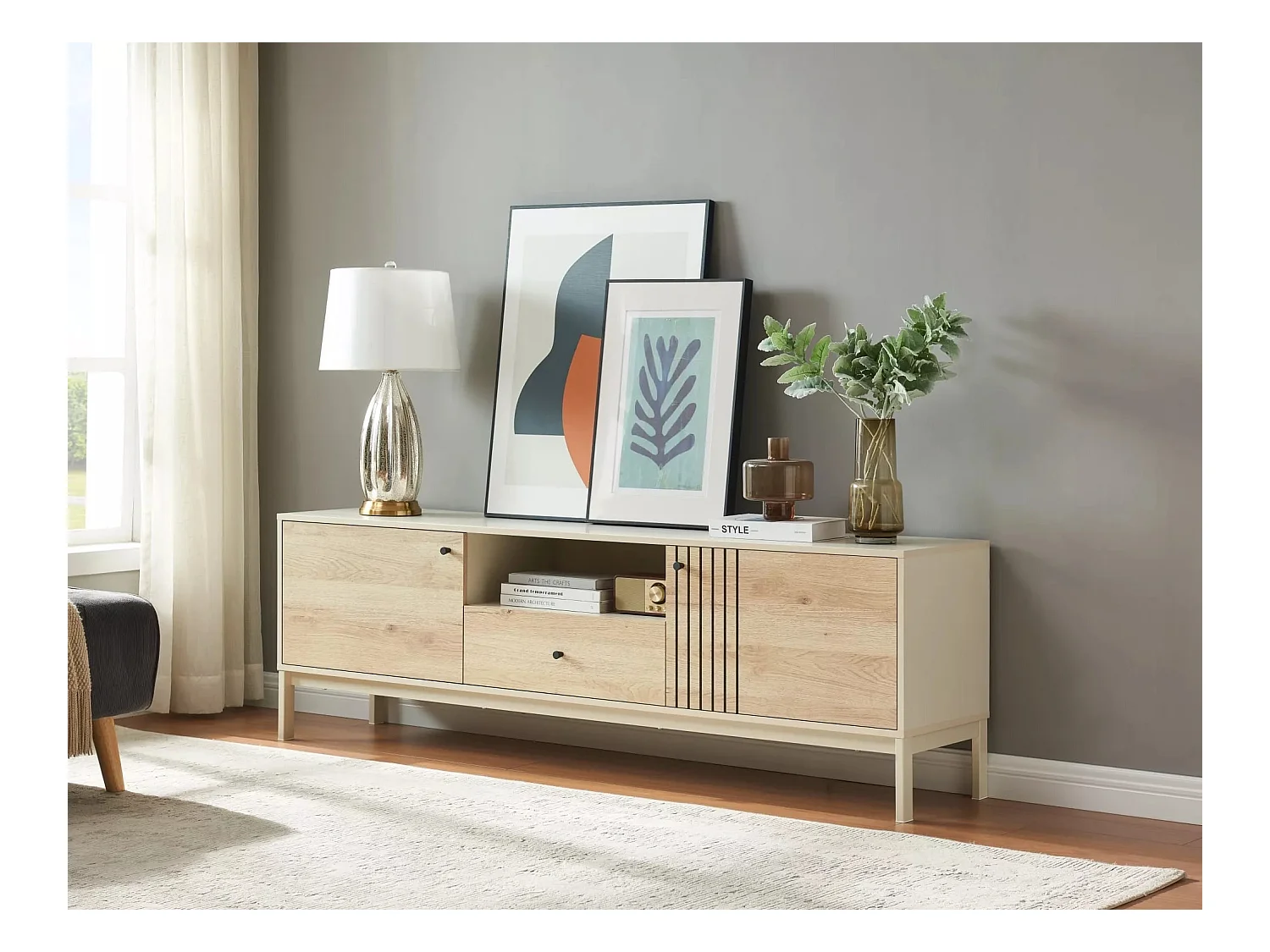 TV Lowboard Frost/Drehtüren&Schublade/Weiss&Sonoma