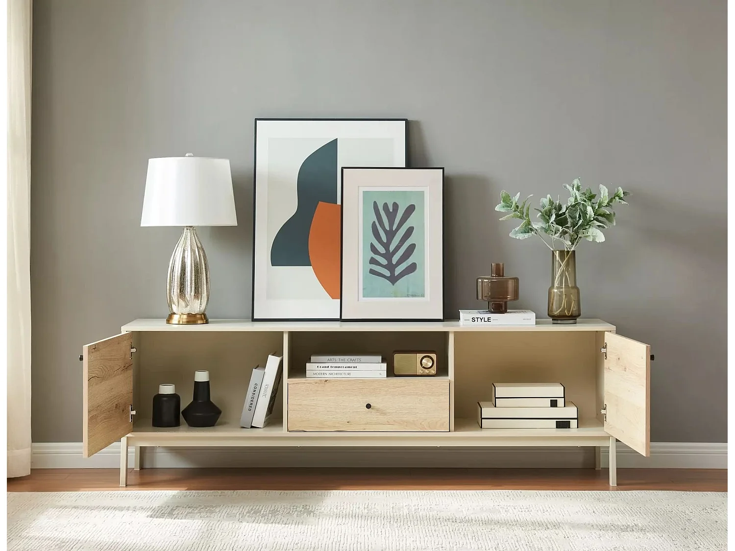 TV Lowboard Frost/Drehtüren&Schublade/Weiss&Sonoma