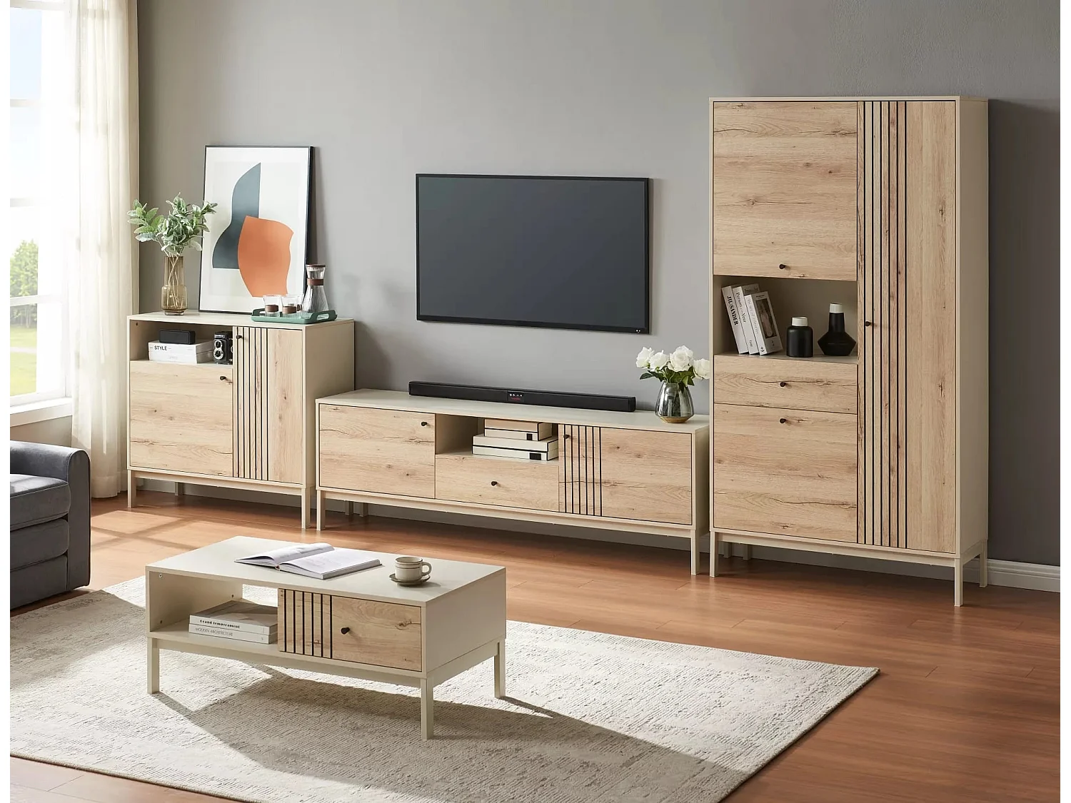 TV Lowboard Frost/Drehtüren&Schublade/Weiss&Sonoma