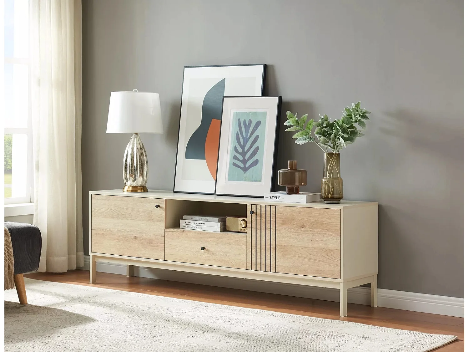 TV Lowboard Frost/Drehtüren&Schublade/Weiss&Sonoma