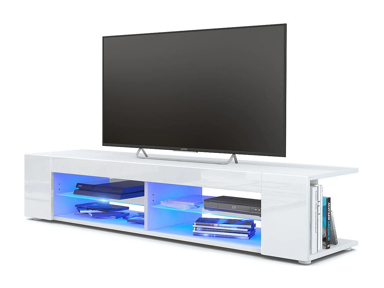 Buffet bas Movie, Meuble TV avec 4 compartiments ouverts et placages décoratifs, Blanc mat/Blanc brillant, éclairage LED bleu inclus (134 x 29 x 39 cm)