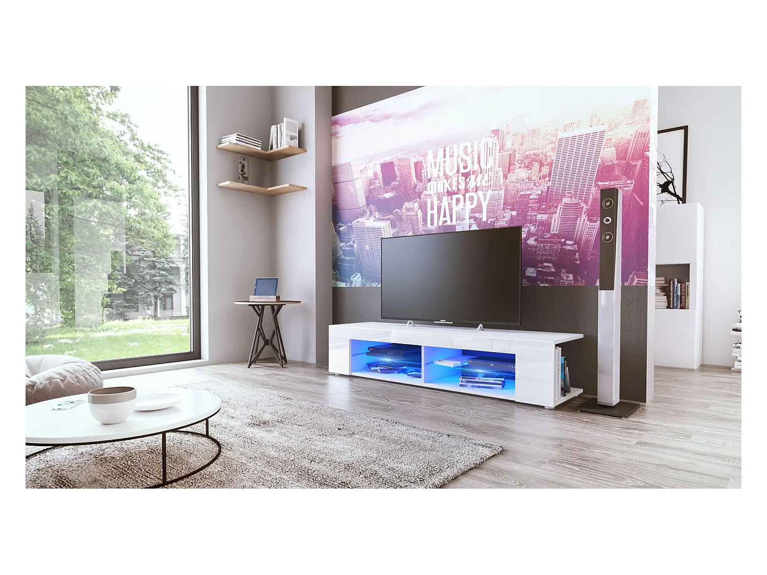 Buffet bas Movie, Meuble TV avec 4 compartiments ouverts et placages décoratifs, Blanc mat/Blanc brillant, éclairage LED bleu inclus (134 x 29 x 39 cm)