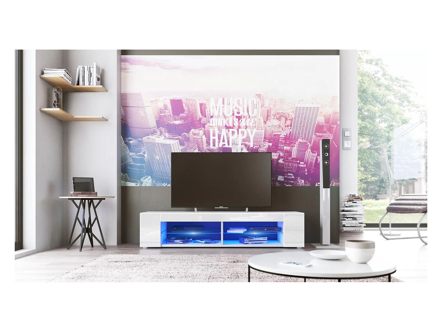 Buffet bas Movie, Meuble TV avec 4 compartiments ouverts et placages décoratifs, Blanc mat/Blanc brillant, éclairage LED bleu inclus (134 x 29 x 39 cm)