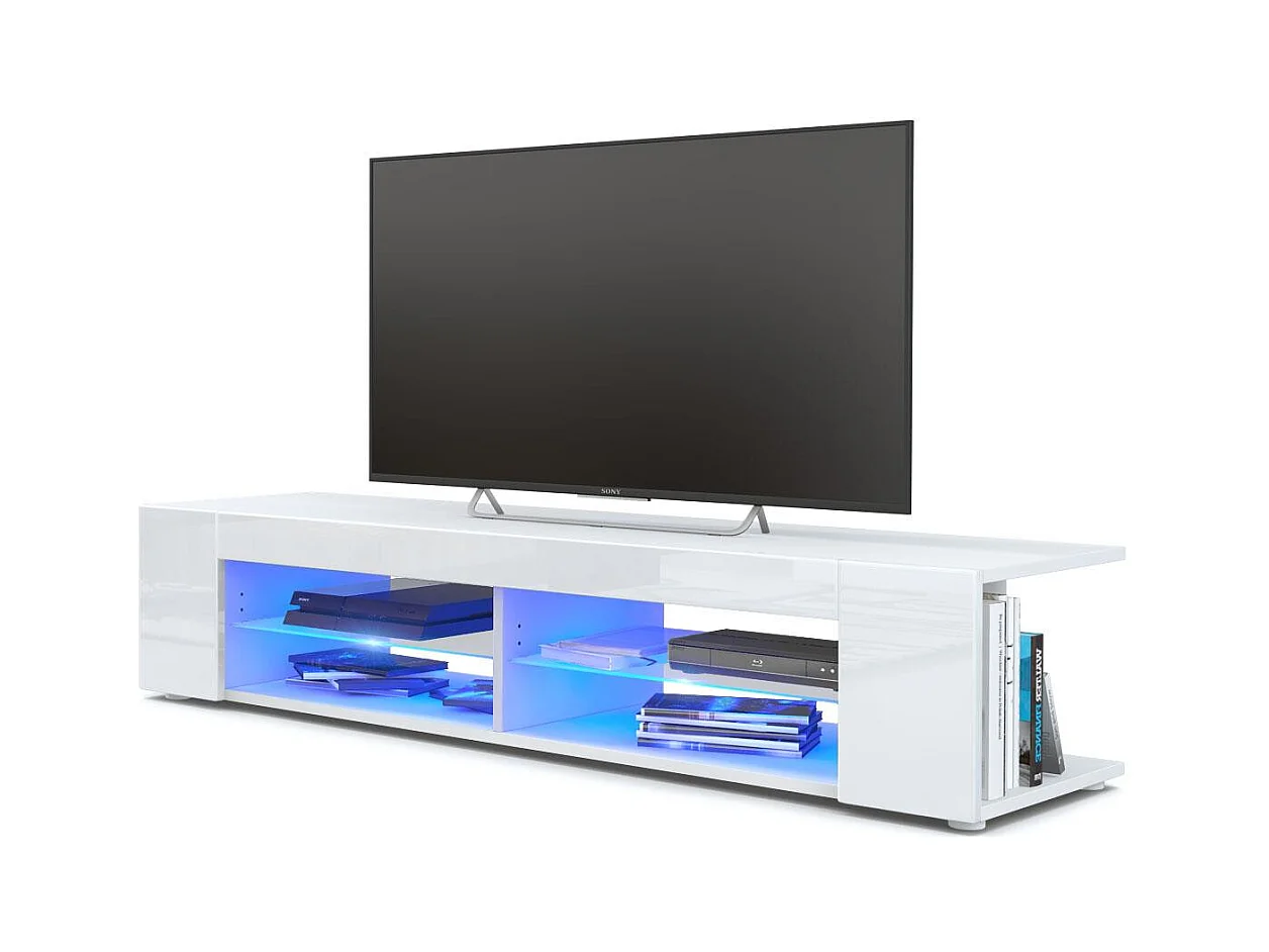 Buffet bas Movie, Meuble TV avec 4 compartiments ouverts et placages décoratifs, Blanc mat/Blanc brillant, éclairage LED bleu inclus (134 x 29 x 39 cm)