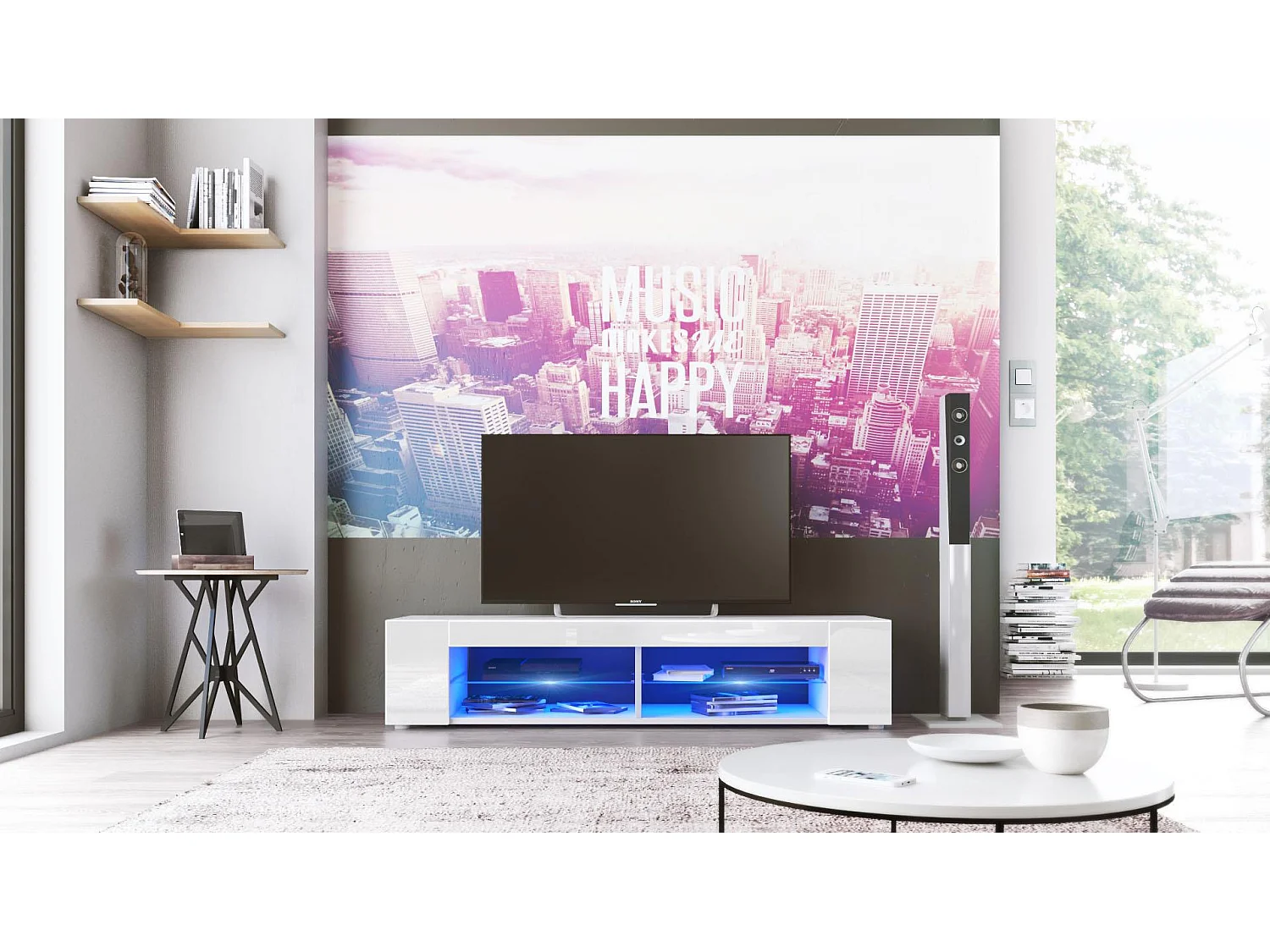 Buffet bas Movie, Meuble TV avec 4 compartiments ouverts et placages décoratifs, Blanc mat/Blanc brillant, éclairage LED bleu inclus (134 x 29 x 39 cm)