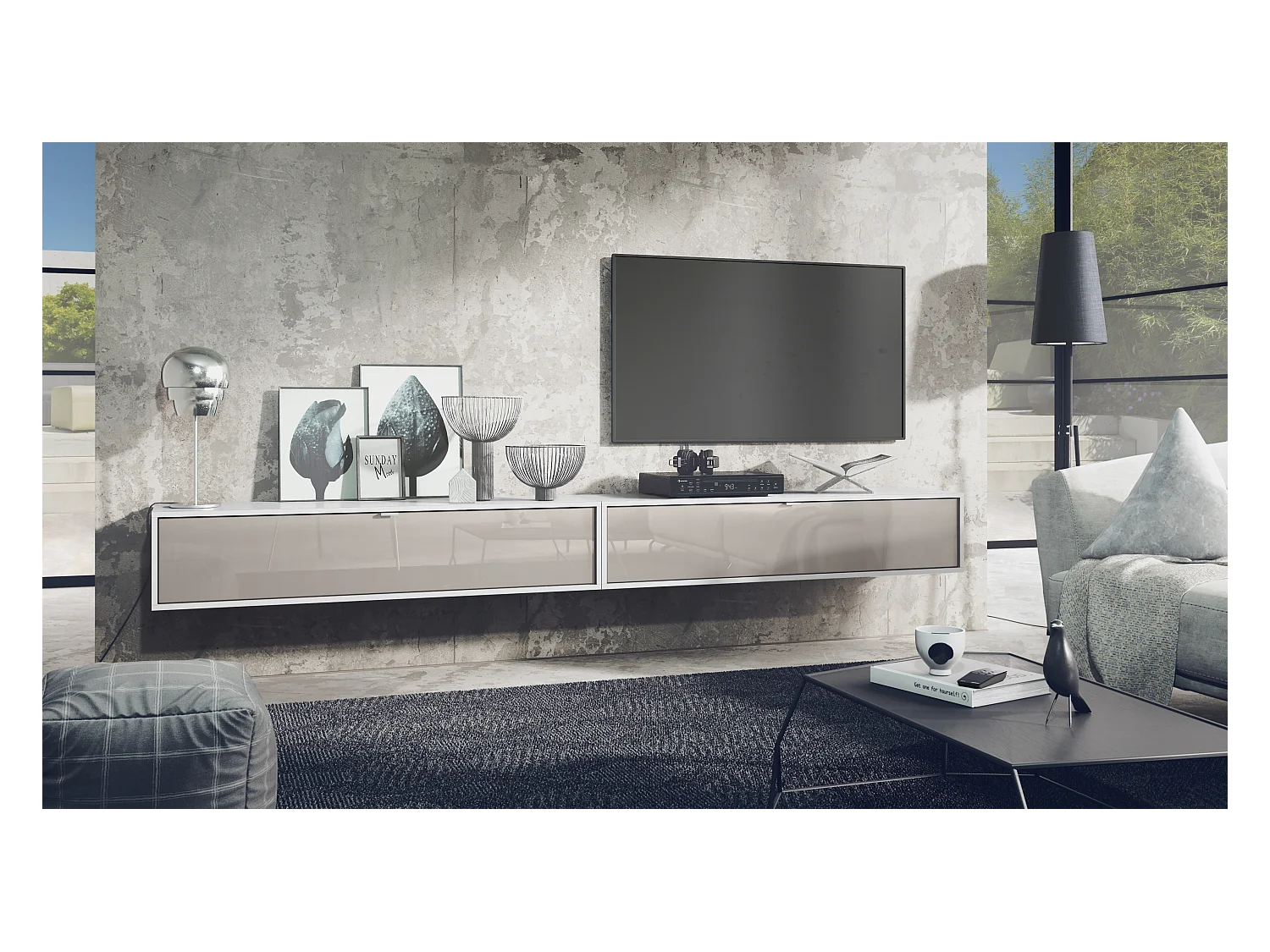 Ensemble de 2 set meuble TV Lana 140, lowboards de 140 x 29 x 37 cm chacun avec beaucoup d'espace de rangement, caisson en Blanc mat, façades en Gris sable brillant